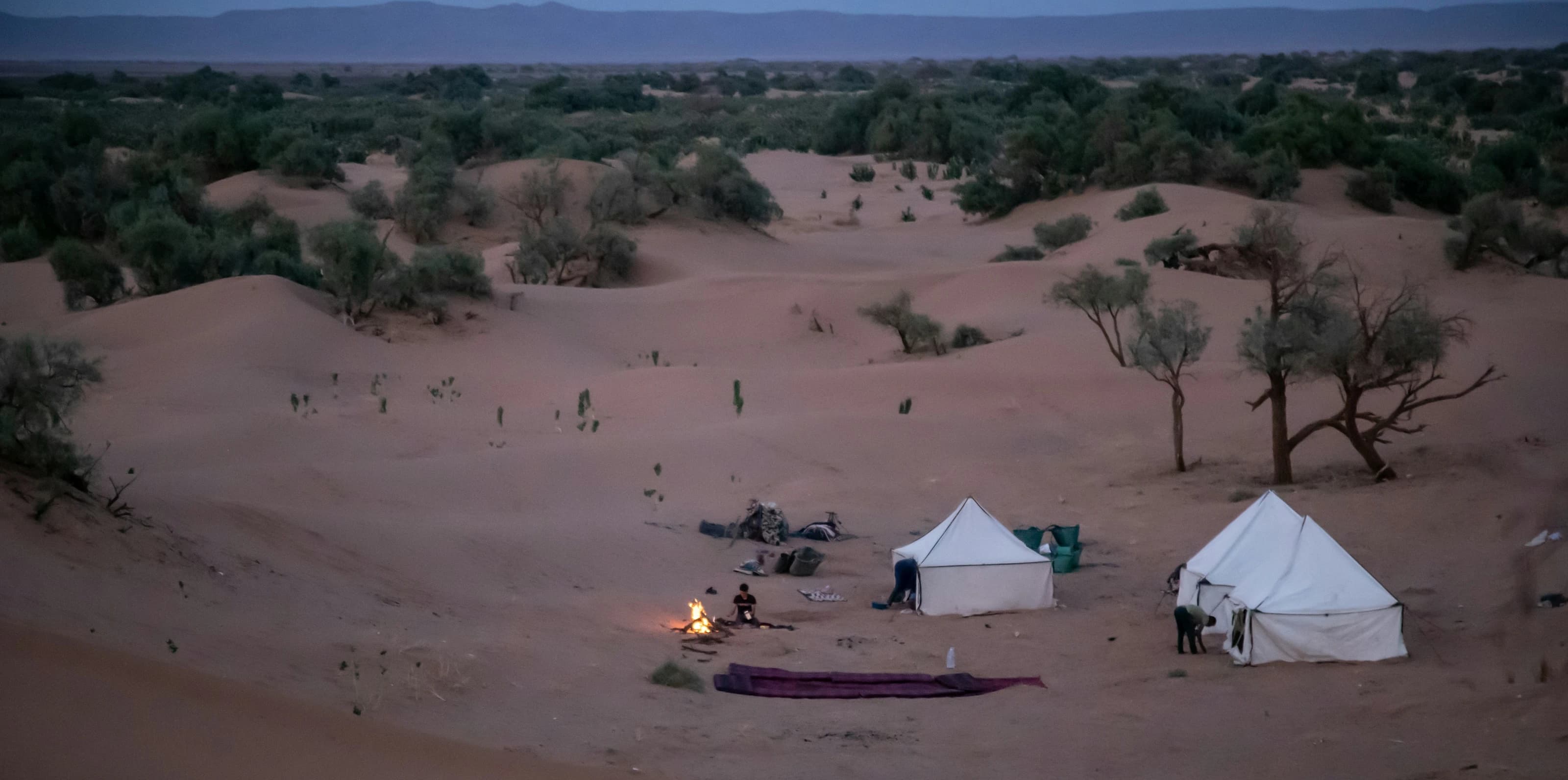 Campamento en las dunas del Sahara al anochecer